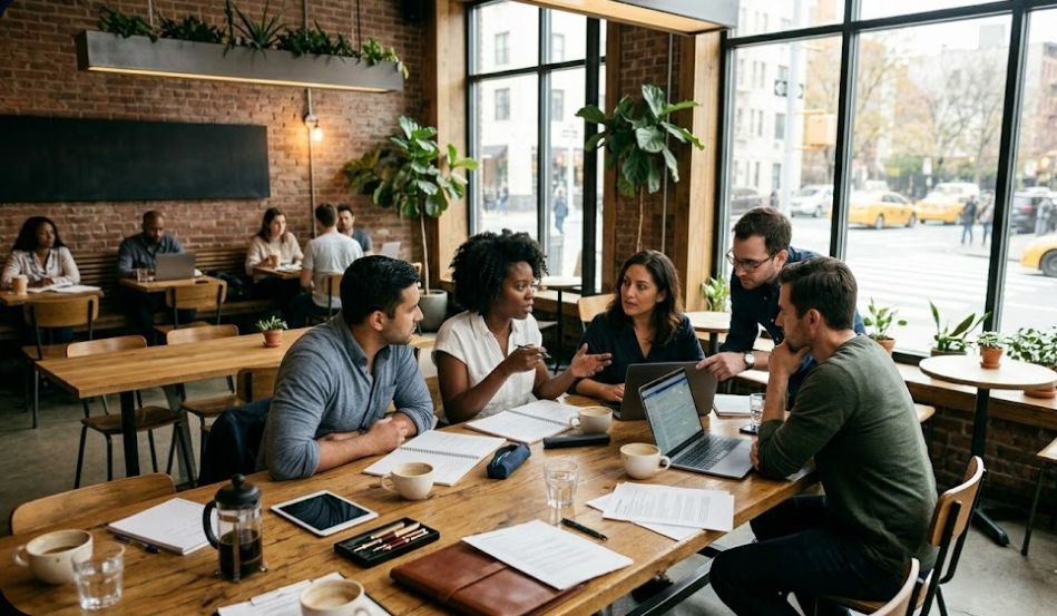 Team collaboration in a modern workspace